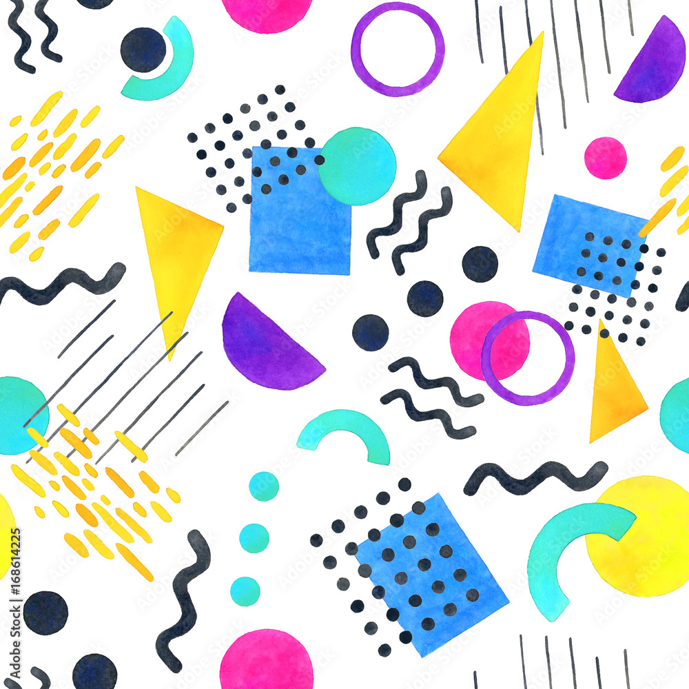 Memphis seamless pattern of geometric shapes 80's-90's styles on white background
