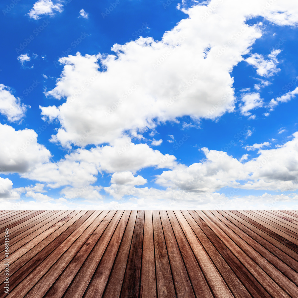 Old wood floor with blue sky
