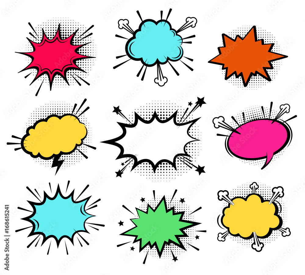 Fototapeta premium Vector comic explosions without text. Comic speech bubbles for different emotions: Wow, Omg, Boom, Gtfo, Yeah, Damn, Wtf . Vector colorful dynamic cartoon bubble set isolated on white background.