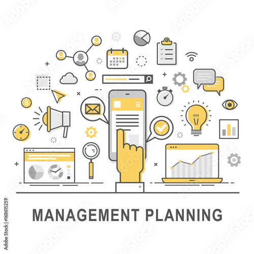 Management planning. Time management and control concept for successful business. Illustration of forecasting, developing and marketing of product. Concept of product management. Vector set of icons.