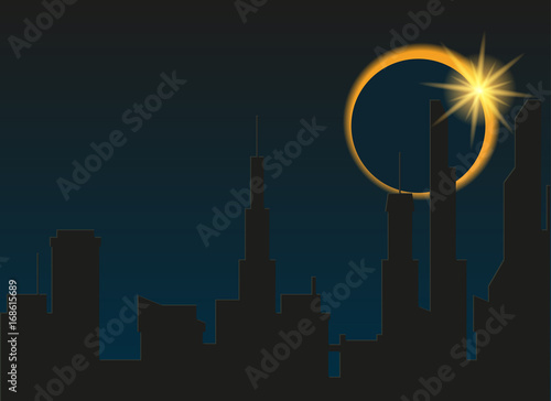 Total eclipse of the sun in the city. Vector illustration