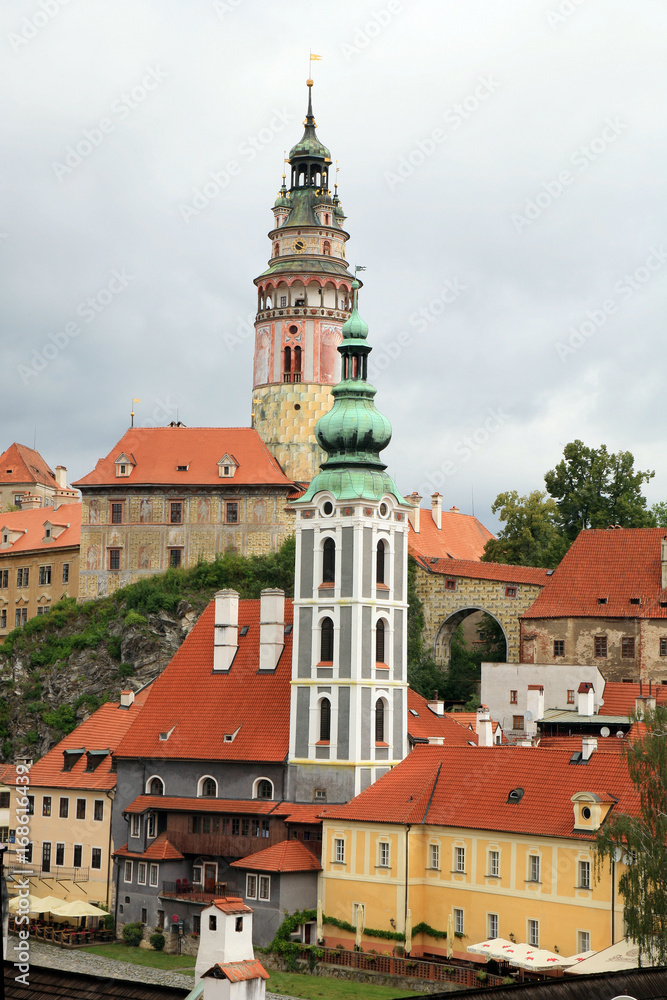 Cesky Krumlov, , Czech Republic, Czechia - 21 August, 2016:  view to church and castle in Cesky Krumlov, Czech republic, Czechia, Heritage Unesco.