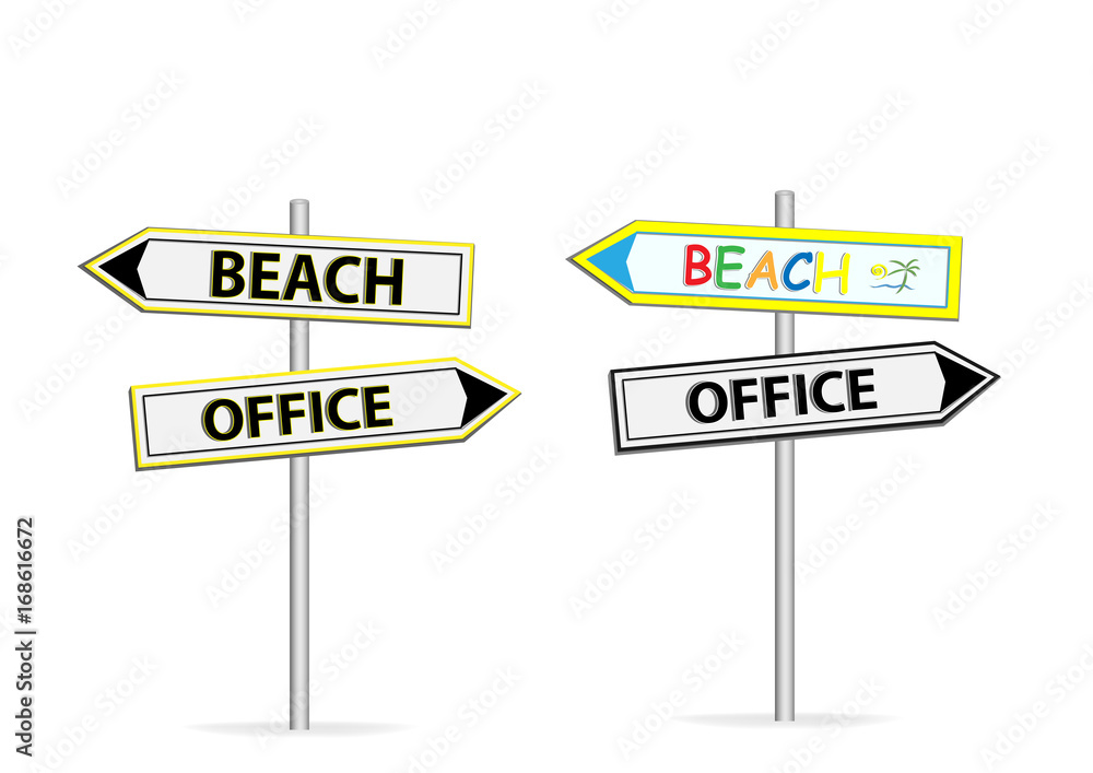 Two different design of road signs Office Beach isolated on white background Two different design of road signs Office Beach isolated on white background