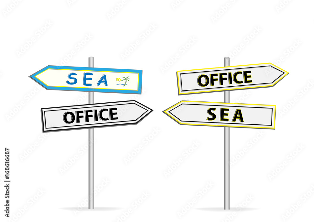 Two different design of road signs Office Sea isolated on white background Two different design of road signs Office Sea isolated on white background