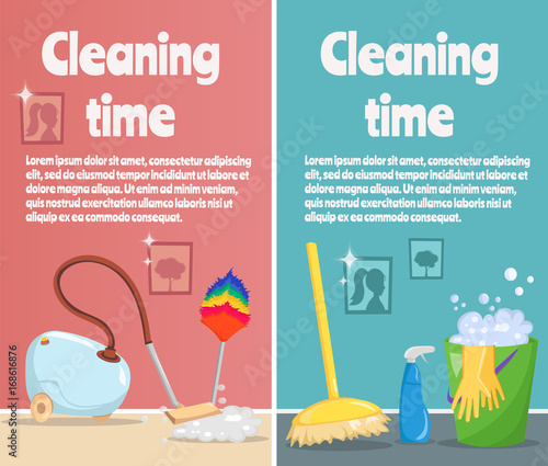 Vertical banners of Cleaning tools and Laundry with cartoon mop, bucket and vacuum cleaner illustration vector.