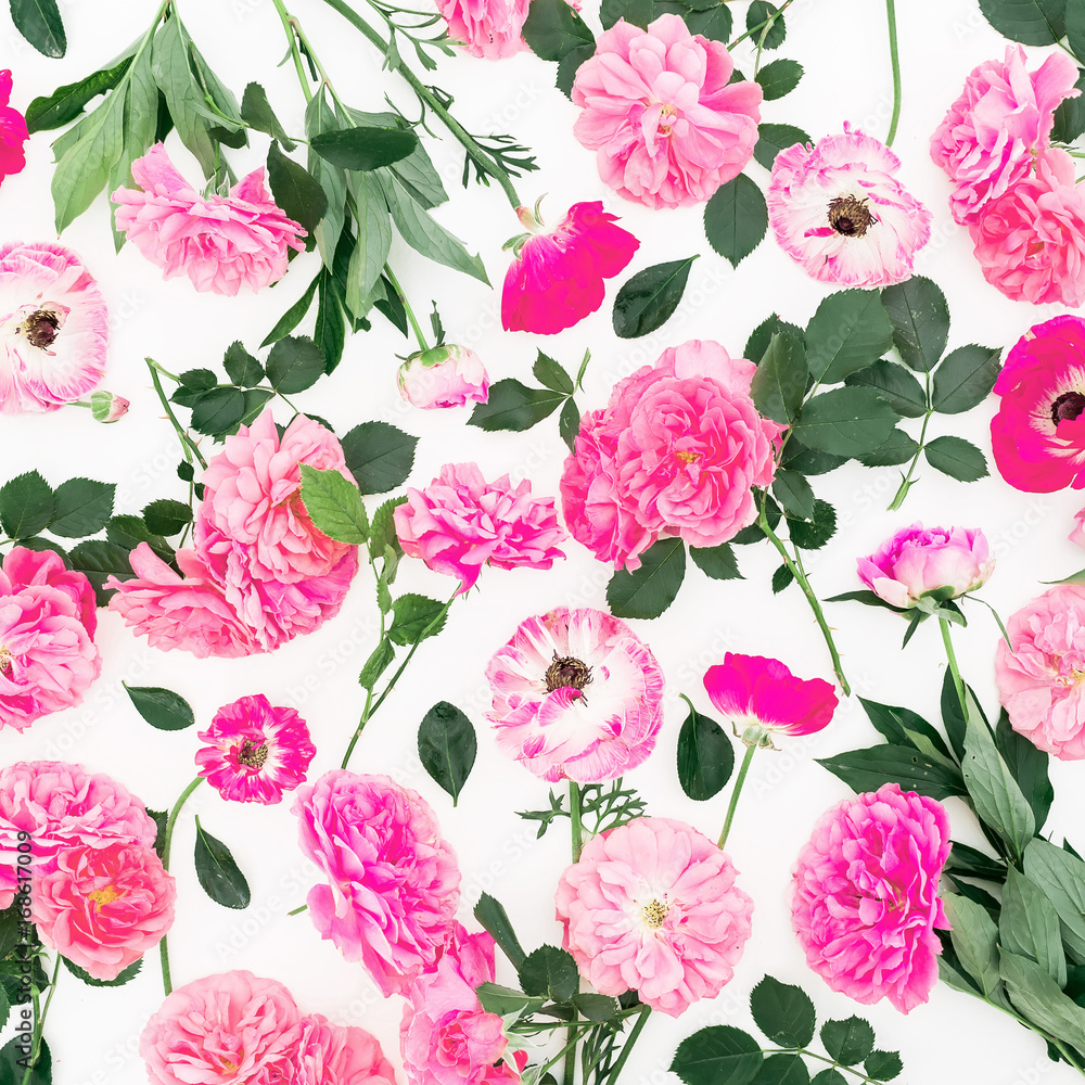 Pink rose flowers and pink petals isolated on white background. Flat lay, top view. Floral pattern