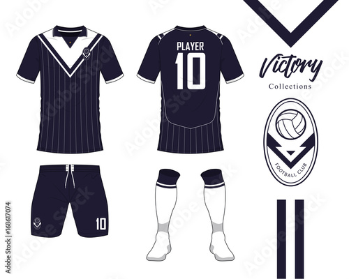 Soccer jersey or football kit collection in Victory concept. Football shirt mock up. Front and back view soccer uniform. Football logo in flat design. Vector Illustration.