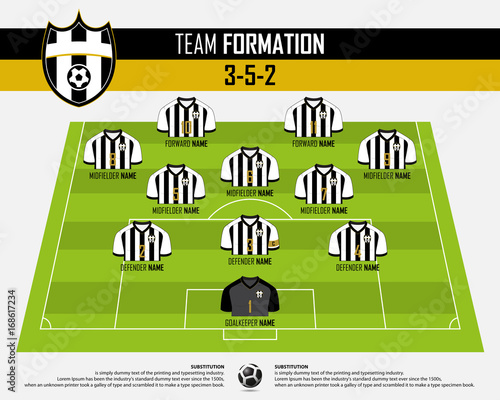 Football or soccer match formation infographic. Soccer jersey and football player position on football pitch. Football logo in flat design. Vector Illustration.