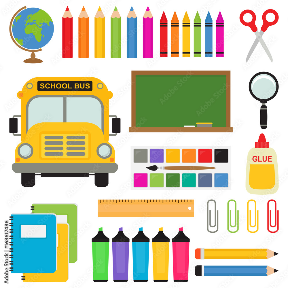 Obraz School Bus And Supplies In White Background