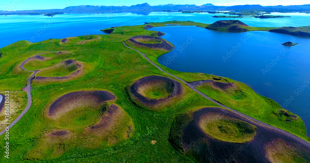 Volcanic Craters In Green Plains By Blue Water Bay - Myvatn, Iceland - obrazy, fototapety, plakaty 