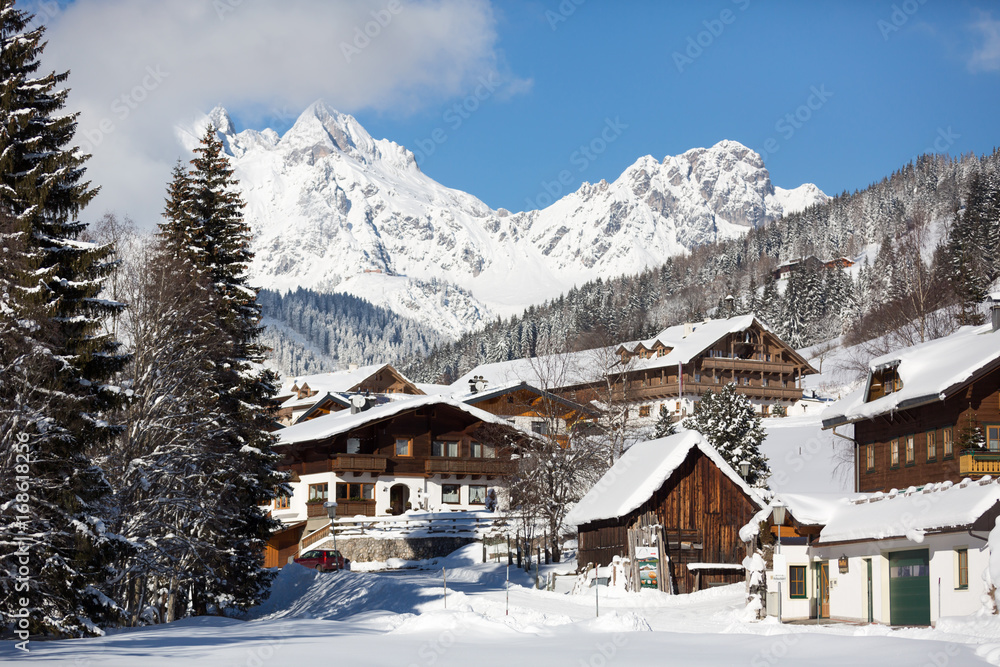 Alpine village in winter. Austrian alps