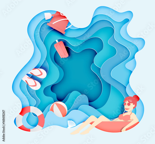 Girl floating on the beach with beautiful sea background paper cut style