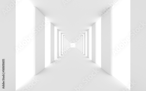 Futuristic empty white corridor with walls and bright light. 3D Rendering.