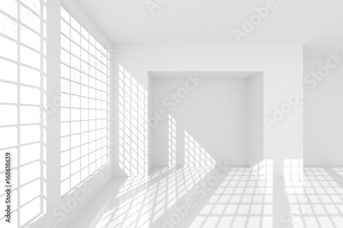 Futuristic empty white room with bright sunlight from windows. 3D Rendering.