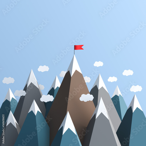 Leadership concept, snowy mountains with red flag and clouds around. 3D rendering. © Vlad Chorniy