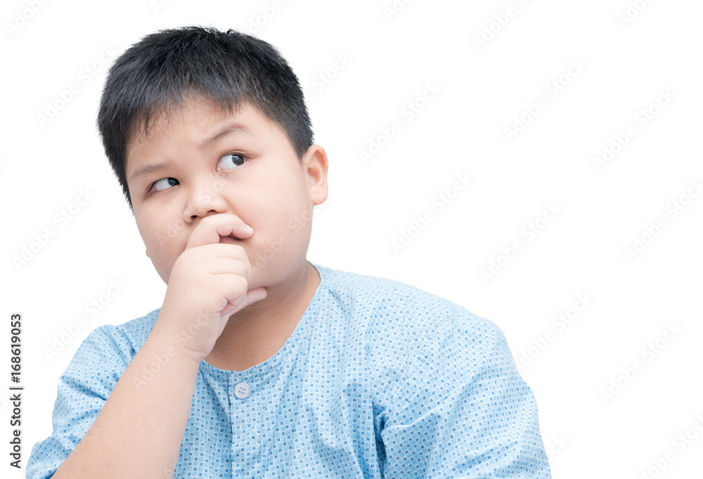 Obese fat asian boy thinking isolated on white background Obese fat asian boy thinking isolated on white background