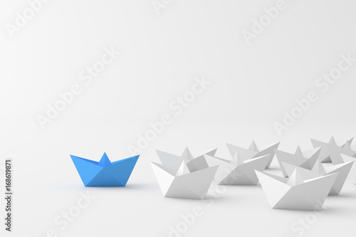 Fototapeta Naklejka Na Ścianę i Meble -  Leadership concept, blue leader boat leading white boats. 3D rendering