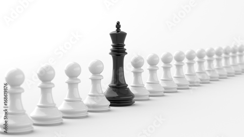 Leadership and success concept, black king of chess, standing out from the crowd of white pawns, on white background. 3D rendering.