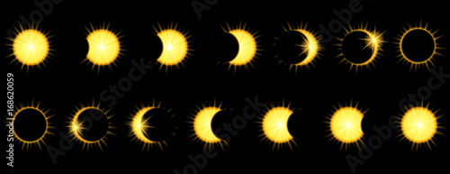 Solar Eclipse phases in dark sky. Vector illustration