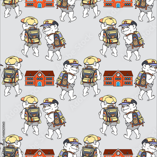 Bears and school house. Seamless pattern. Bear go to school.