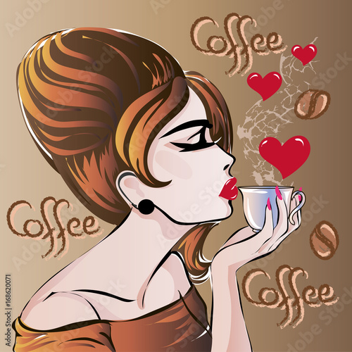 Retro fashion woman profile portrait with morning cup of coffe on vintage style background, vector