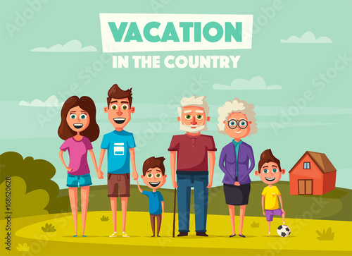 Family's vacation in the countryside. Cartoon vector illustration