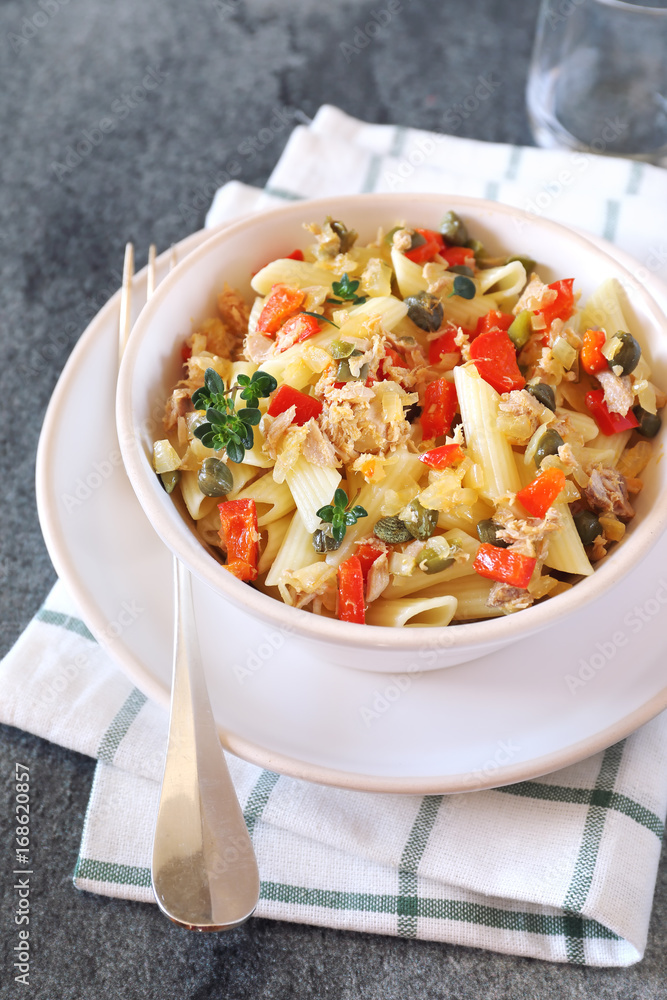 Pasta penne with with tuna, bell pepper and cappers Pasta penne with with tuna, bell pepper and cappers
