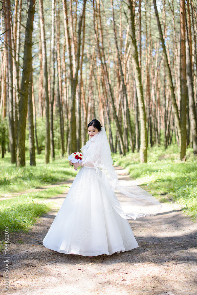 fantastic fairy bride in a wedding dress in a green forest. Wedding day fantastic fairy bride in a wedding dress in a green forest. Wedding day
