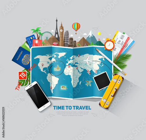 Travel and tourism background. Travel concept, ready for Summer. Top view. Concept website template. Eps10
