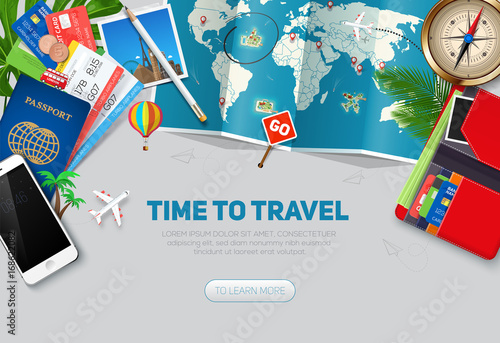 Travel and tourism background. Travel concept, ready for Summer. Top view. Concept website template. Eps10