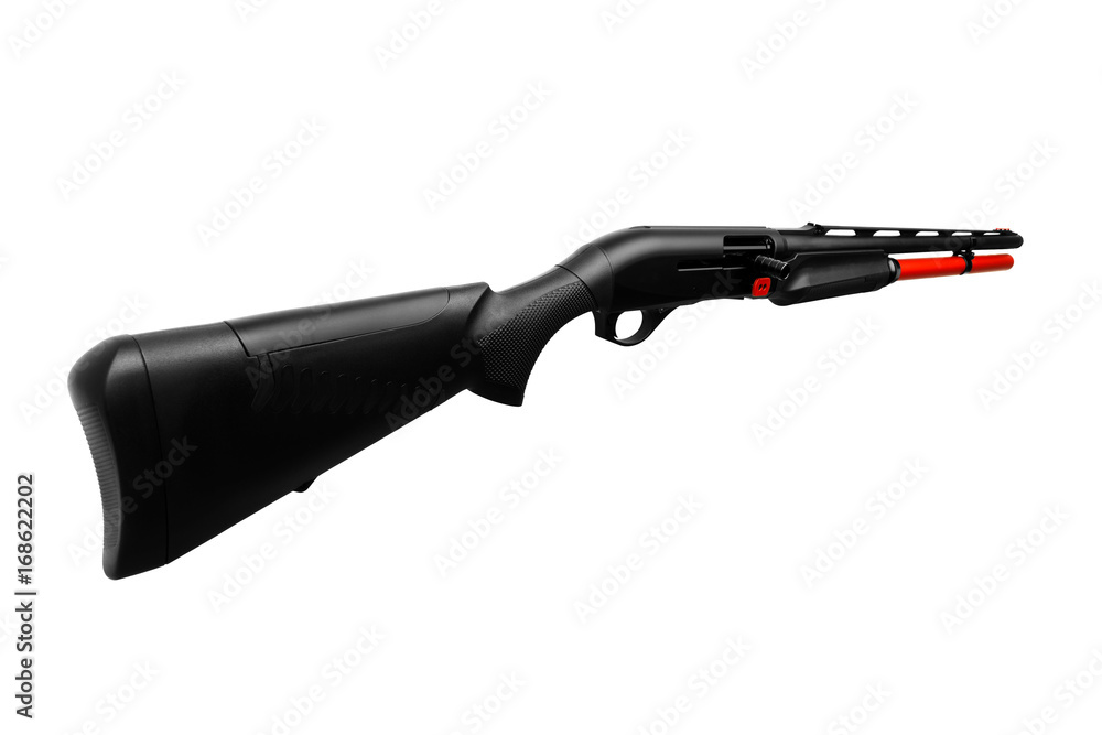 Gun. Black red shotgun isolated on white