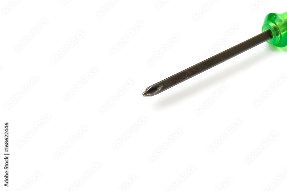 Close-up of used Screwdriver head on white background Close-up of used Screwdriver head on white background
