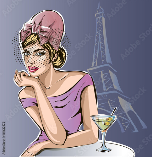 Beautiful fashion woman sitting at Paris cafe with martini drink near Eiffel Tower vector