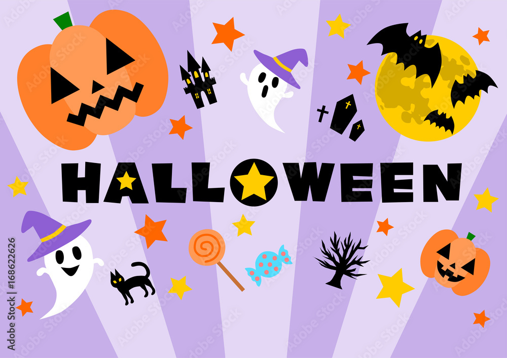 ハロウィンのイラスト: 飛び散るかぼちゃとお化けたち（紫色背景）