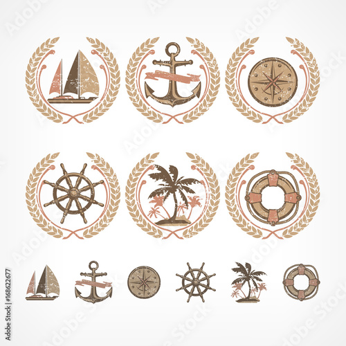 Nautical symbols collection, marine sign for travel and sport.