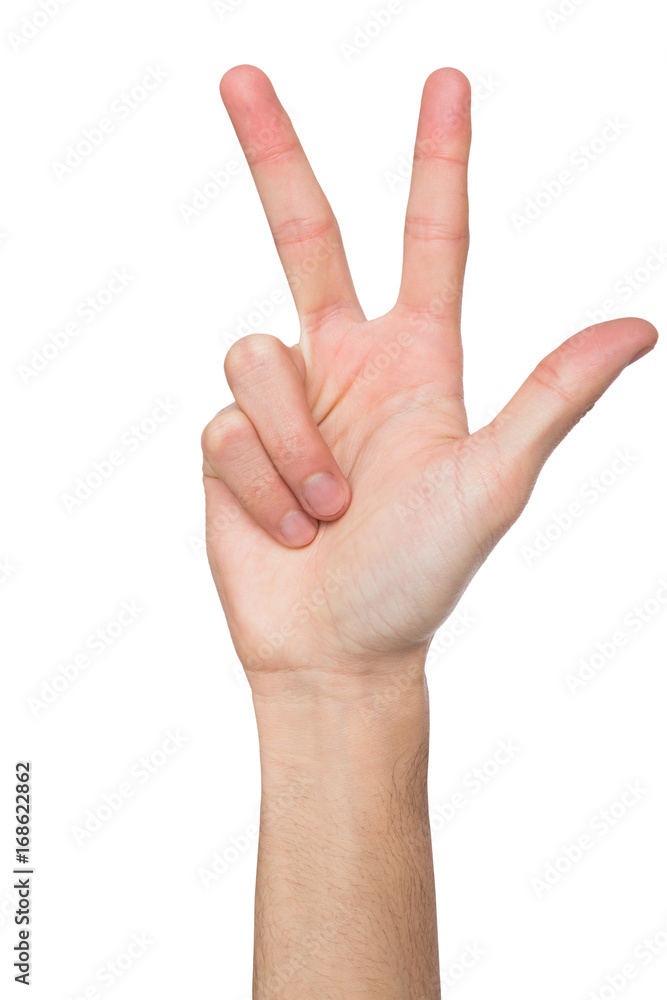 Hand shows number three isolated on white background Hand shows number three isolated on white background