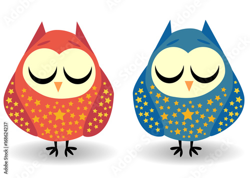 A pair of owls with closed eyes sleeping in sprockets. Drawing for a cup, decoration, postcard. Pastel shades