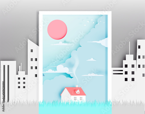Small house among the city paper cut style