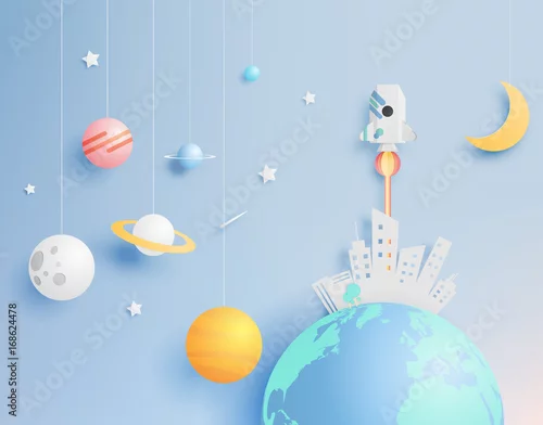 Obraz Papierowa rakieta i układ słoneczny papierowa sztuka z pastelowym brzmieniem tła