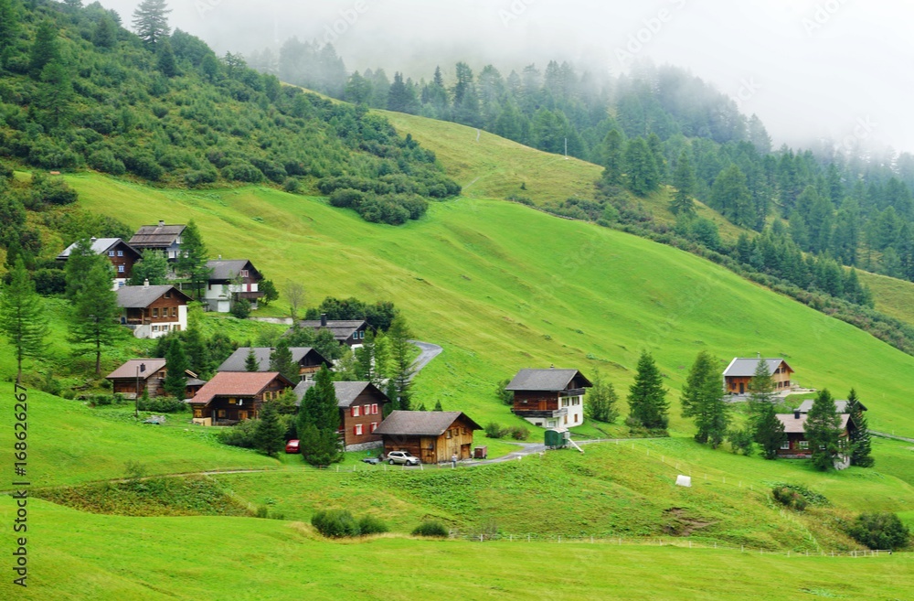View of Malbun, a ski resort village in the Alps mountains in Liechtenstein near the border with Austria