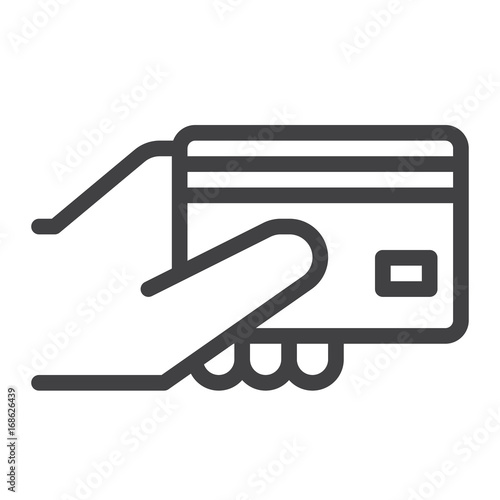 Credit card in a hand line icon, outline vector sign, linear style pictogram isolated on white. Plastic card payment symbol, logo illustration. Editable stroke. Pixel perfect vector graphics