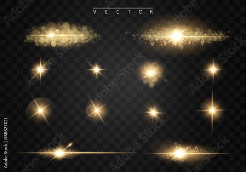 Set. Shining star, the sun particles and sparks with a highlight effect, color bokeh lights glitter and sequins. On a dark background transparent. Vector, EPS10