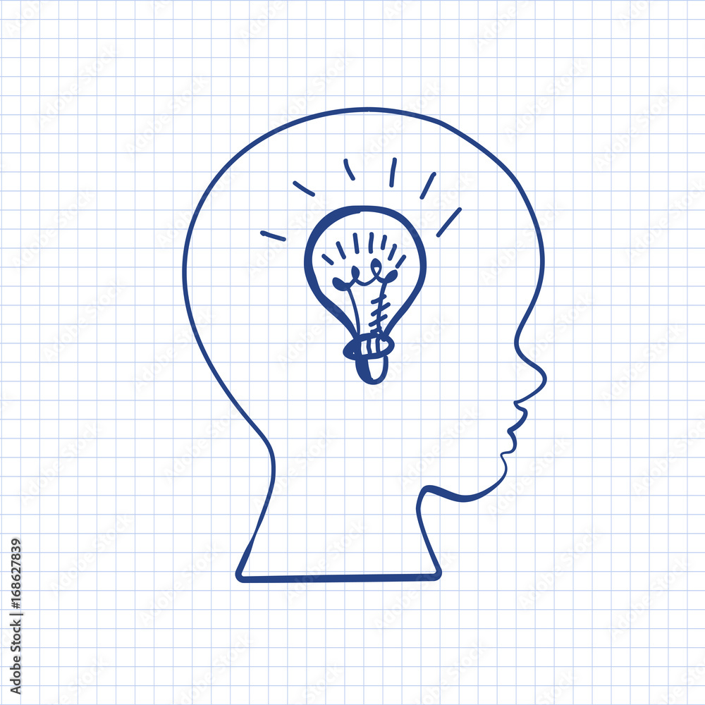 Education doodle styled symbol in boys head on paper sheet. Vector illustration. Kids face profile contour with sketch lamp. Pen drawn contour of schoolboy profile. Idea concept Education doodle styled symbol in boys head on paper sheet. Vector illustration. Kids face profile contour with sketch lamp. Pen drawn contour of schoolboy profile. Idea concept