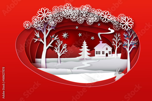 Christmas paper art. Red tone vector illustration. Ellipse paper cut layers with winter forest. White nature with house, trees, hare, stars, bulfinch's and christmas tree. Holidays banner