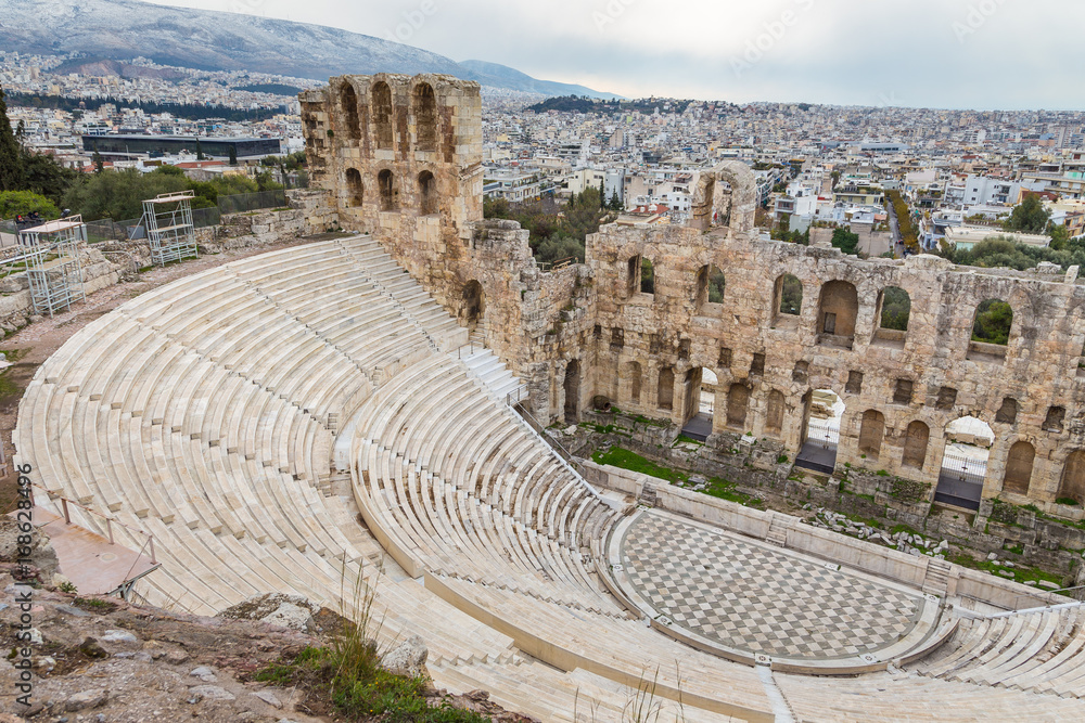 Odeon of Herodes Atticus, a stone theater located on the southwest slope of the Acropolis of Athens, Greece.