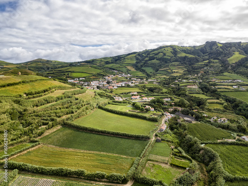 Aerial view of the small town of Ginetes on the Azorean Island of Sao Miguel in Portugal.