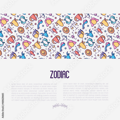 Zodiac signs concept with thin line icons for banner with horoscope, web site or background. Vector illustration.