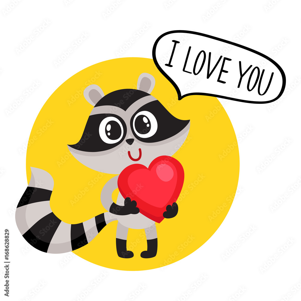 Cute raccoon character holding big red heart, saying I Love You, cartoon vector illustration isolated on white background. Sticker with funny little raccoon with big red heart, symbol of love