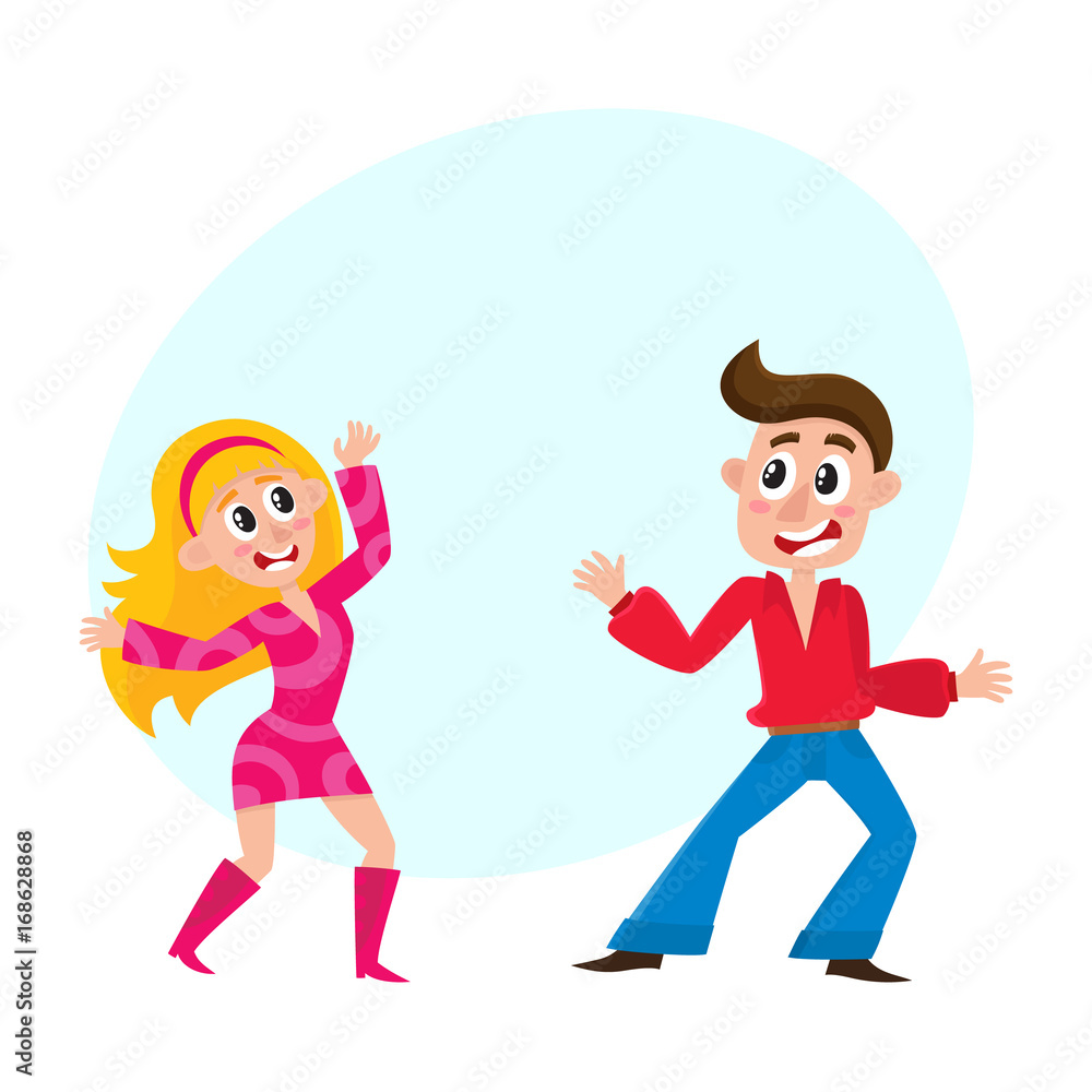 Young couple, man and woman, dancing dicso, having fun, cartoon vector illustration with space for text. Young man and woman dancing together at retro disco party Young couple, man and woman, dancing dicso, having fun, cartoon vector illustration with space for text. Young man and woman dancing together at retro disco party