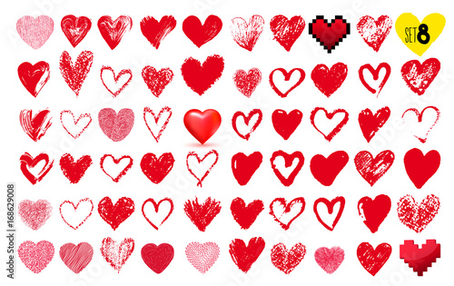 Big set of hand drawn hearts. Red color. Freehand drawing. Vector illustration. Isolated on white background